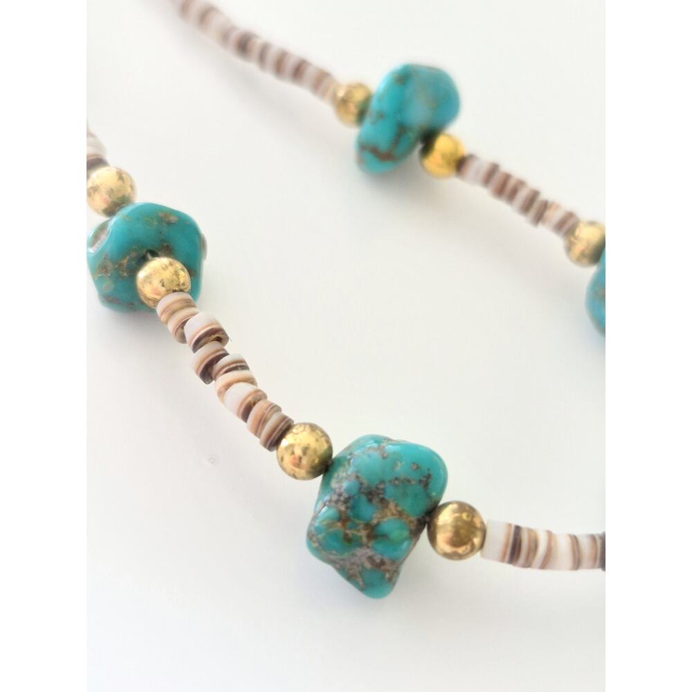 Southwest Turquoise Nugget Heishi Shell Bead Choker Necklace - Picture 3 of 6